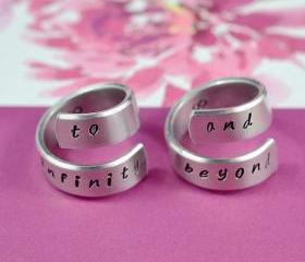 to infinity and beyond -Spiral Rings Set, Hand stamped, Handwritten Font, Shiny Aluminum, Forever Love, Friendship