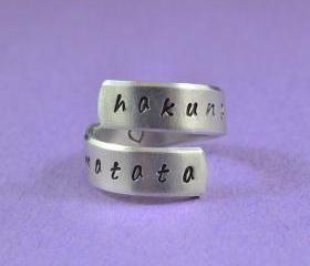 hakuna matata - Hand Stamped Spiral Ring, Pure Aluminum, Shiny, Skinny Band Ring, Lion King Inspired, Handwritten Font
