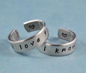 i love you i know - Hand Stamped Aluminum Couples Ring Set, Shiny, Skinny Rings, Handwritten Font