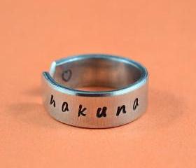 hakuna matata - Hand Stamped Aluminum Ring, Shiny, Skinny Ring, Lion King Inspired, Handwritten Font