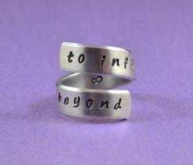 to infinity and beyond - Hand Stamped Spiral Ring, Pure Aluminum,Shiny, Skinny Band Ring, Handwritten Font