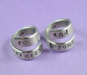  to infinity and beyond - Aluminum Spiral Rings, Bestfriend Rings, Couples Ring Set, Hand Stamped, Shiny, Skinny, Newsprint Font