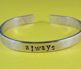 always - Cuff Bracelet, Hand Stamped, Pure Aluminum, Shiny, Skinny, Adjustable, Newsprint Font