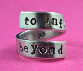  to infinity and beyond - Hand Stamped Spiral Ring, Pure Aluminum, Shiny, Skinny Band Ring, Newsprint Font