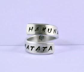 HAKUNA MATATA - Hand Stamped Spiral Ring, Pure Aluminum, Shiny, Skinny Band Ring, Lion King Inspired, Newsprint Font