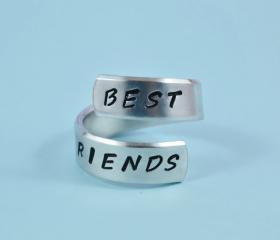 BEST FRIENDS - Hand Stamped Spiral Ring, Pure Aluminum, Shiny, Skinny Band Ring, Newsprint Font