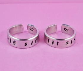  big sis / lil sis - Hand stamped Ring Set, Handwritten Font, Shiny Aluminum, Forever Love, Friendship, BFF