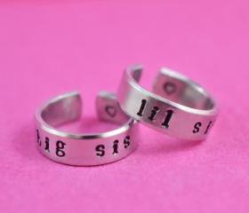 big sis / lil sis - Hand stamped Ring Set, Newsprint Font, Shiny Aluminum, Forever Love, Friendship, BFF 